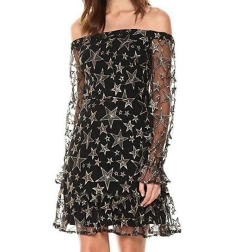 Sam Edelman Off The Shoulder Gold Silver Sparkle Star Mesh Sheer Dress NWT 14
